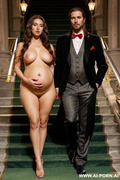 On the stairs of a beautiful opera, stairs with golden railings and green carpet. woman: completely naked, black curls to her shoulders, pregnant, standing, legs wide, red heels, large silver - ai-porn.ai on pornsimulated.com