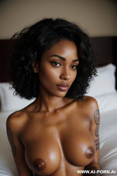 Medium-dark skin, m undertones, oval face, high cheekbones, dark almond eyes, curly hair, athletic build, several tattoos, from above), show breasts, oiled breasts (deep focus, depth of field, p30 - ai-porn.ai on pornsimulated.com