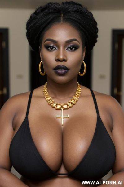 Fat saggy boobs, black lipstick, masculine woman, , heavy eye make up, , gold key necklace, gold necklace, gold earrings - ai-porn.ai on pornsimulated.com