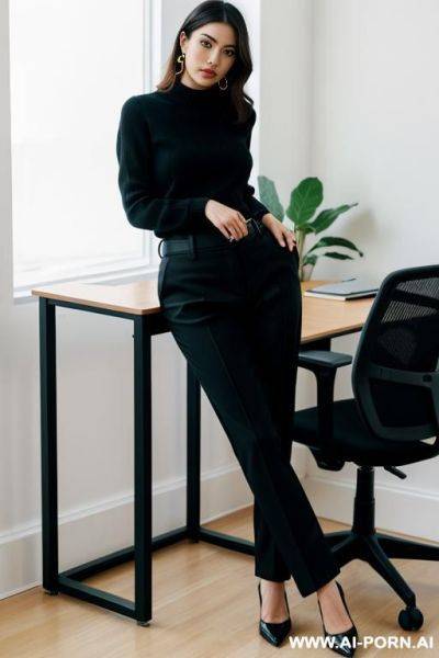 Black trousers, gy style, leaning on a desk, - ai-porn.ai on pornsimulated.com