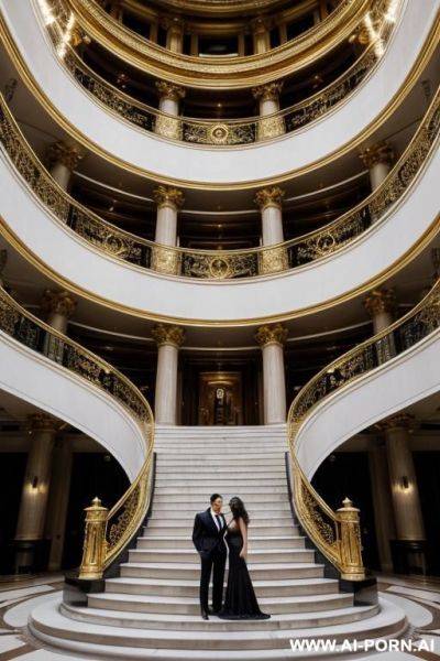 Woman and man on the stairs inside a beautiful opera with gold railings.men: standing with hands in pockets, in an elegant suit, long dark hair, large penis.woman: ass up - ai-porn.ai on pornsimulated.com