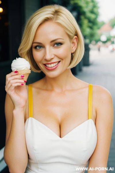 Classy lady, blonde cut hair, wearing a summer dress white and yellow, very beautiful face, holding an ice cream cone - ai-porn.ai on pornsimulated.com