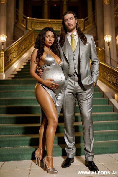 On the stairs of a beautiful opera, stairs with golden railings and green carpet. woman: black curls to her shoulders, pregnant, naked, stands with her legs spread wide in red high heels, - ai-porn.ai on pornsimulated.com