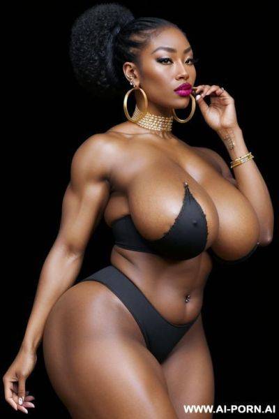 Afro-asian, gigantic muscles, gigantic boobs, high ponytail, milf, dark skin, gaped anus, hoop earrings, high heels, pierced nipples, ring piercings, ripped abs - ai-porn.ai on pornsimulated.com