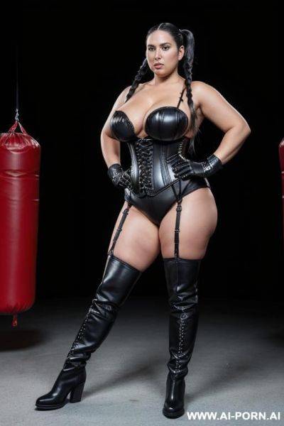 Boxing woman, gigantic boobs, high ponytail, milf, black hair, black boots, black leather corset, no bra, show big boogs, thick thighs, black boots - ai-porn.ai on pornsimulated.com