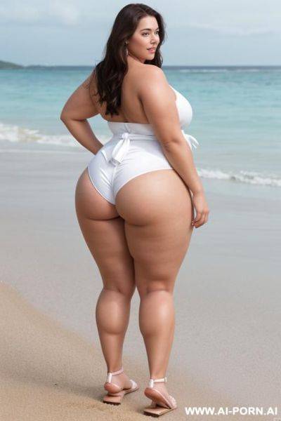 White bbw, waist, sexy big ass, full body frame standing up, naked, sexy pose, good legs, brunette, skin, flip flops , looking back at the camera, thick thighs, beach - ai-porn.ai on pornsimulated.com