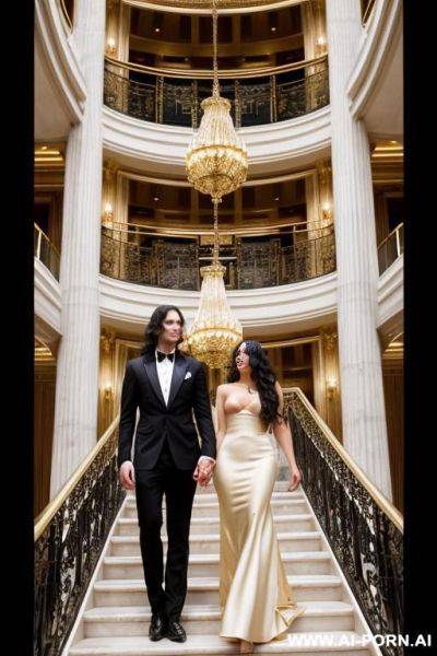 Woman and man on the stairs inside a beautiful opera with golden railings.men: standing with hands in pockets, in an elegant suit, long dark hair, large penis.woman ass up - ai-porn.ai on pornsimulated.com