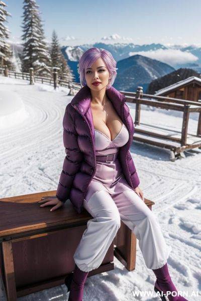 Secretary with gigantic tits lying on office desk wearing gigantic puffer jacket, satin, silk, white skin, clear - ai-porn.ai on pornsimulated.com