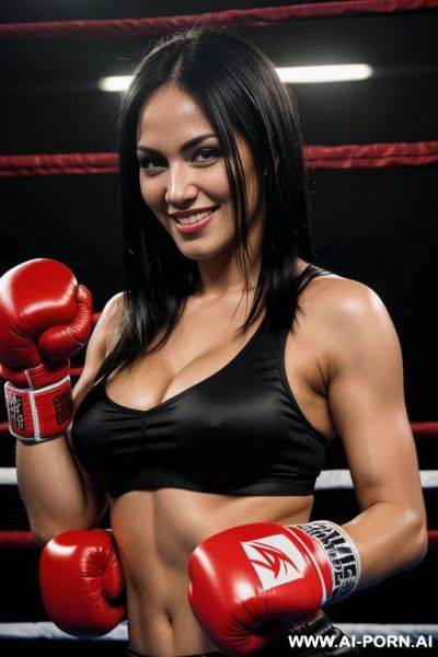 Boxing woman, normal boobs, 30s, blonde haïr, boxing ring, pulpy woman, red boxing glove - ai-porn.ai on pornsimulated.com