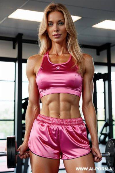 Close up dutch blond fitness coach in a hot pink satin top and shorts, standing in the gym - ai-porn.ai - Netherlands on pornsimulated.com