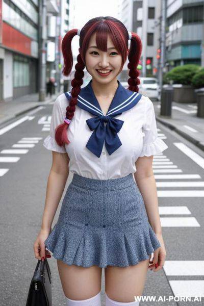 Eye contact sailor shirt blue ruffled skirt white socks tokyo street - ai-porn.ai on pornsimulated.com