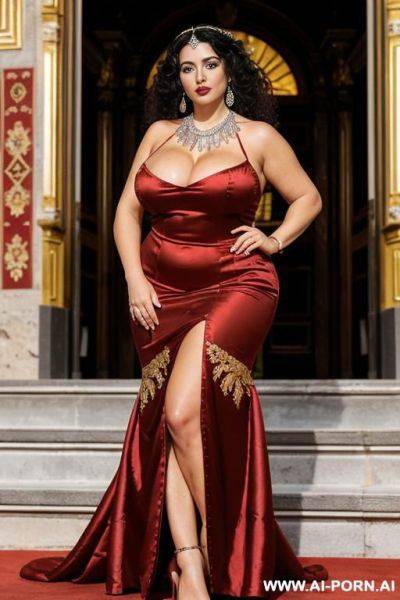 On the stairs inside a huge beautiful opera with gold railings and blue carpet. red high heels, large silver necklace with diamonds, large silver earrings, - ai-porn.ai on pornsimulated.com