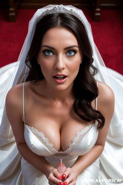 (cgi style) , (close up), close pov, from above, hetero couple, ( bride wearing sexy white wedding dress), huge boobs, deep neckline, pretty face, perfect blue eyes, brunette, (on her knees), - ai-porn.ai on pornsimulated.com