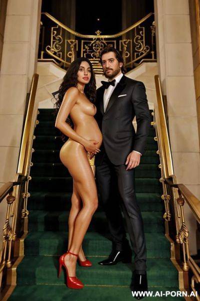 On the stairs of a beautiful opera, stairs with golden railings and green carpet. a brunette man with long tied hair. a woman: black curls to her shoulders, naked, pregnant, high red stilettos. - ai-porn.ai on pornsimulated.com