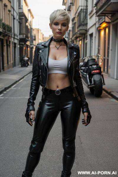 Terminator, cyborg look. wearing a white tank top. wearing a long black leather jacket. - ai-porn.ai on pornsimulated.com