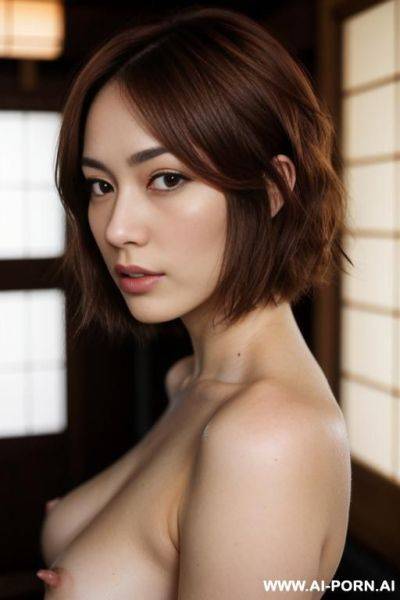 Japanese, light auburn hair, short hair, breasts, totally naked, serious face, forest - ai-porn.ai - Japan on pornsimulated.com