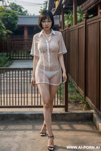 Thailand, chinese woman, big breasts, short bob, glasses, walking, naked, in front of the house, fence, undressed, see-through shirt, see breasts (((see pussy))) - ai-porn.ai - China on pornsimulated.com