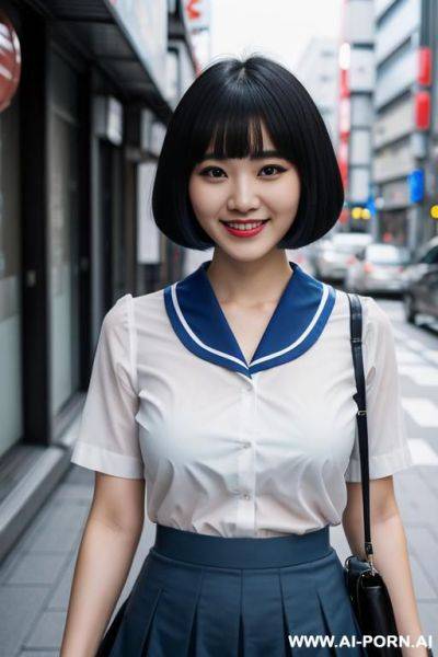 Eye contact sailor shirt blue skirt tokyo street - ai-porn.ai on pornsimulated.com