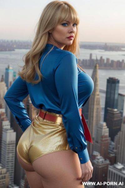 Back view, chubby woman, blonde hair with bangs, full body, standing, superwoman, blue superwoman blouse, long sleeves, red panties, gold belt, looking ford, big expressive eyes, blue eyes, hands - ai-porn.ai - state New York on pornsimulated.com