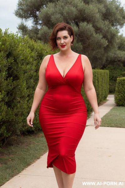 White american curvy woman in her 30s wearing a long red dress. short hair. beautiful - ai-porn.ai - Usa on pornsimulated.com