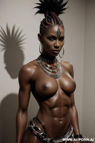 Black tribal woman, plains. toned body. abs. perky nipples. tribal hip chain. punk hair with shaved sides. - ai-porn.ai on pornsimulated.com