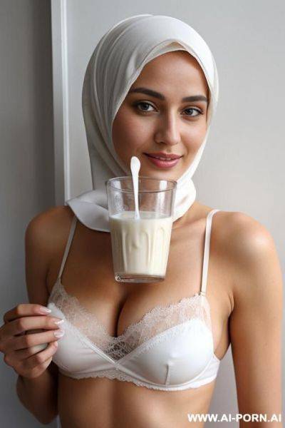 Full naked woman, hijab, holding milk, milk on her face - ai-porn.ai on pornsimulated.com