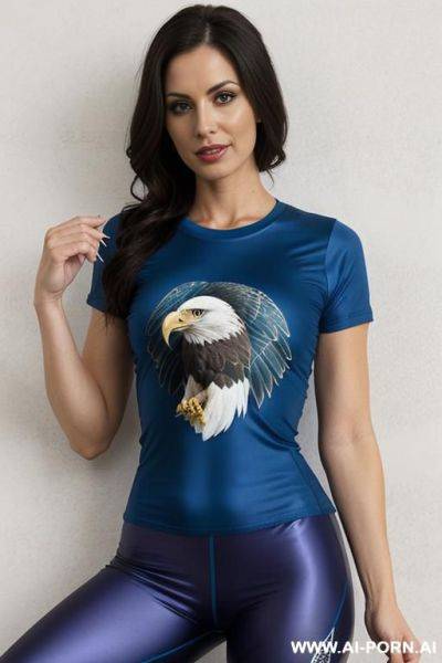 Woman t-shirt with an eagle, blue leggings - ai-porn.ai on pornsimulated.com