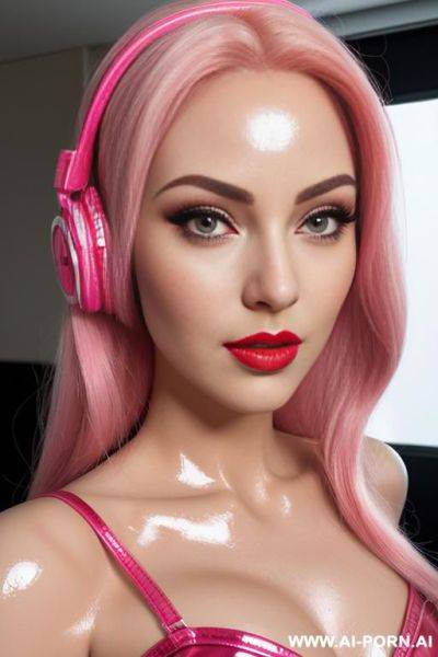 Closeup of a beautiful plastic doll face, shiny plastic hair, very shiny red lips, shiny fake plastic blonde hair, pink eyes, pink plastic corset, pink headphones - ai-porn.ai on pornsimulated.com