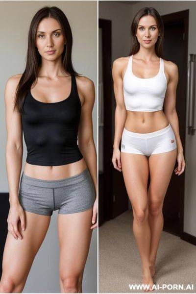 Full body view, ultra-realistic, photo-realism, looking at viewer, suburban mom, 32c breasts, spandex short shorts, tight t-shirt, ultra realistic nipples ,brunette, - ai-porn.ai on pornsimulated.com