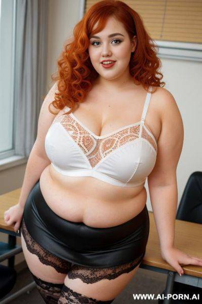 Full body photo shot, about at classroom, so fat bbw curvy with love handless and tummy, she is wet and very excited, heart-shaped face, wearing a sexy and hot, orange lace stocking lingeries, one leg up, short hair. - ai-porn.ai on pornsimulated.com