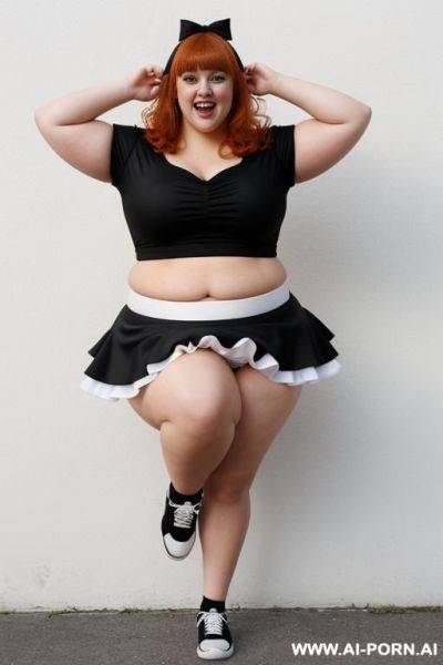 Full body photo shot, the most sexy and chubby fat bbw cheerleader , with tummy and lovehandless, wearing a micro ruffle skirt, she is jumping - ai-porn.ai on pornsimulated.com