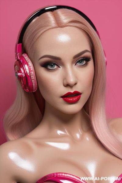 Closeup of a beautiful plastic doll face, shiny plastic hair, very shiny red lips, shiny fake plastic blonde hair, pink eyes, pink plastic corset, pink headphones, red stiletto heels, doll pose - ai-porn.ai on pornsimulated.com