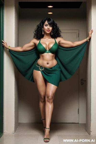 Indian, 30 years, black hair, tall curly hair, bangs, muscular arms, hand on hip, green bra, green skirt, navel piercing, seduce, looking at camera, big ass, heels, thick body - ai-porn.ai - India on pornsimulated.com