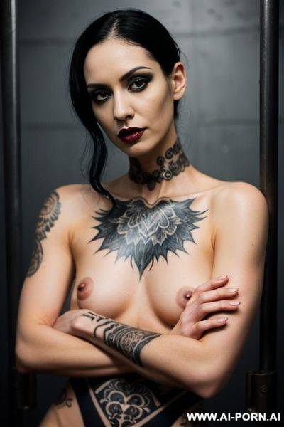 Fully naked goth babe, black hair, many black tattoos, in a jail cell - ai-porn.ai on pornsimulated.com