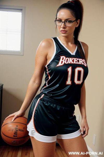 Brunette. wearing oversized basketball jersey. natural big boobs. medium w body. glasses. tight shorts. seductive. pony tails. 30 years old - ai-porn.ai on pornsimulated.com