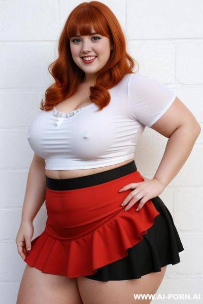 Full body photo shot, the most sexy and chubby fat bbw cheerleader, with tummy and lovehandless, wearing a micro ruffle skirt - ai-porn.ai on pornsimulated.com