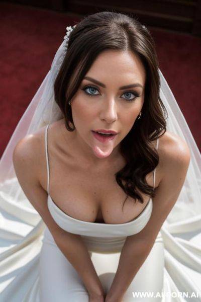 Cgi style (sexy style), (realistic picture), (close up), close pov, from above, hetero couple, ( bride wearing sexy white wedding dress), huge boobs, deep neckline, pretty face, perfect blue eyes, - ai-porn.ai on pornsimulated.com