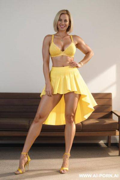 German, 30 years, blonde hair, short straight hair, muscular arms, hands on hips, thick body, yellow bra, yellow loose skirt, navel piercing, smile, looking at camera, standing, heels, full body view - ai-porn.ai - Germany on pornsimulated.com