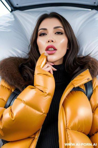 Brunette wearing massive oversized puffer jacket, lying on viewer, kissing, (cum on face:1.2), (lots of cum:1.2) - ai-porn.ai on pornsimulated.com