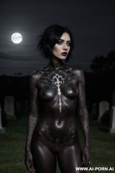 Skinned goth babe, many black tattoos, fully naked in a graveyard, natural breasts, full areolas, black hair, standing, moonlight - ai-porn.ai on pornsimulated.com