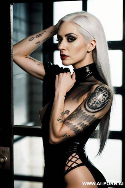 Fully naked goth babe, long white hair, many black tattoos, in a jail cell - ai-porn.ai on pornsimulated.com