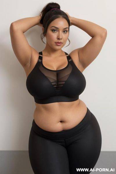 (black sports bra), (red yoga pants), (chubby, (chubby woman) (chubby figure)), (medium-length brown ponytail), (brown eyes), (giant breasts), (huge areolas), (naked breasts) , ((sports bra between - ai-porn.ai on pornsimulated.com