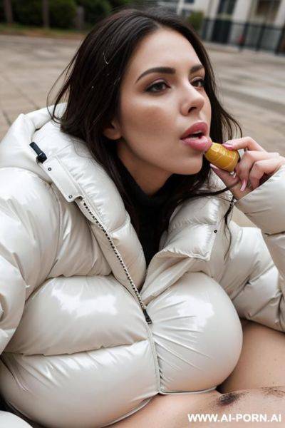 Brunette wearing massive oversized puffer jacket, (lying upon viewer), kissing, (cum on face:1.2), (lots of cum:1.2), (soaked with cum:1.2) - ai-porn.ai on pornsimulated.com