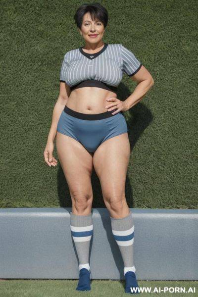 0 year old grandmother, full body, standing, clearly visible age marks, triangular hips, thick thighs, massive boobs, big ass, short gray hair, wearing a blue football shirt with black stripes, - ai-porn.ai on pornsimulated.com