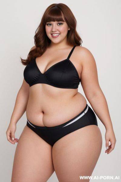 Full body photo shot, professional photo studio, chubby fat bbw cheerleader , making a dance, with tummy and lovehandless. - ai-porn.ai on pornsimulated.com