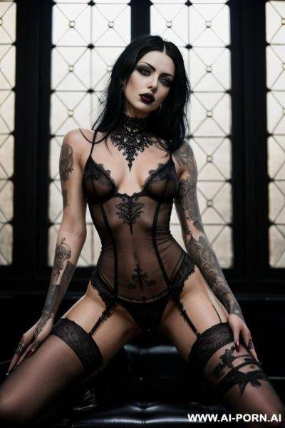 Fully naked goth babe with black hair, many tattoos, black lipstick, exposed breasts, open legs, showing pussy, masturbating - ai-porn.ai on pornsimulated.com