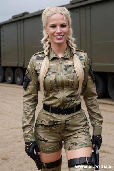 Military officer woman, germany, blonde, camouflage, sexy, attractive, horny, full body, boots, dildo - ai-porn.ai on pornsimulated.com