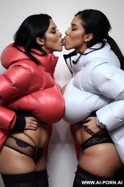 Two women with gigantic boobs kissing in massive oversized puffer jackets, one getting fucked - ai-porn.ai on pornsimulated.com