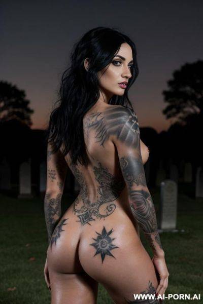 Goth babe, many black tattoos, fully naked in a graveyard, natural breasts, full areolas, black hair, standing, moonlight - ai-porn.ai on pornsimulated.com