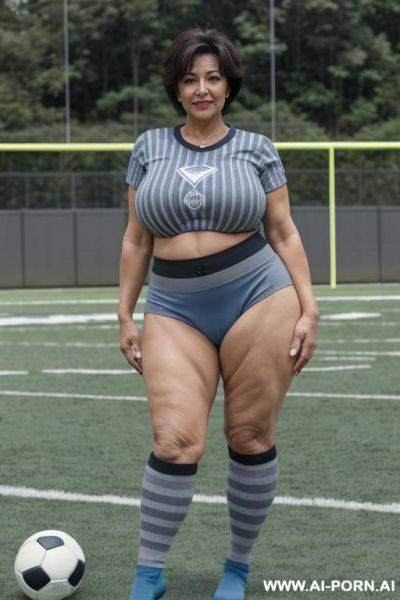 0 year old grandmother, full body, standing, clearly visible age marks, triangular hips, thick thighs, huge breasts, big ass, short gray hair, wearing a blue football shirt with black stripes, - ai-porn.ai on pornsimulated.com